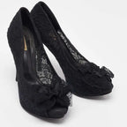 Dolce & Gabbana Black Floral Lace Bow Platform Peep Toe Pumps