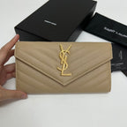 YSL Long Wallet Beige Leather Gold Tone 10772  19cm
