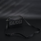 Gucci Black Leather Embossed Logo Belt Bag
